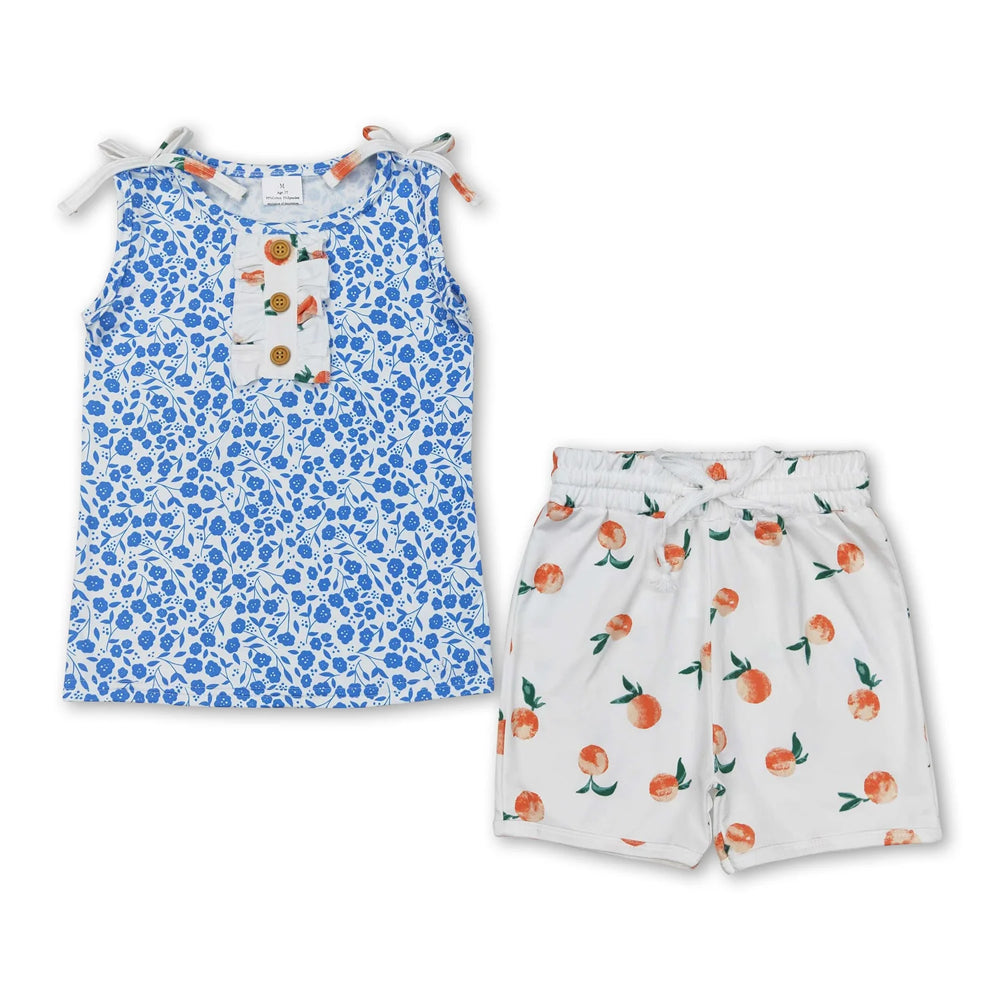 RTS NO MOQ Sibling milk silk Baby Girls Cute Peach Fruit Print Spaghetti Straps Top And Elastic Waist Shorts Set Rompers