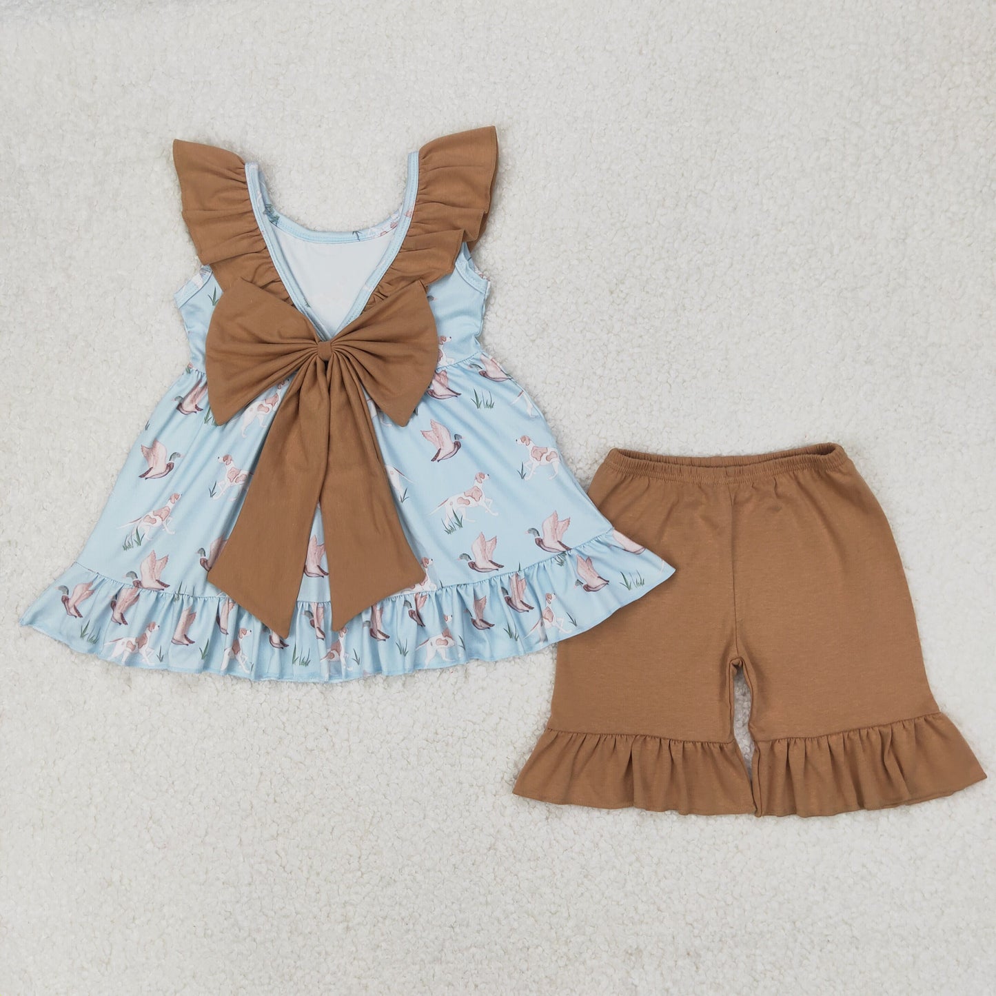 RTS NO MOQ ETA 5/7days Arrived GSSO2385 Duck Puppy Brown Lace Bow Blue Sleeveless Shorts Set