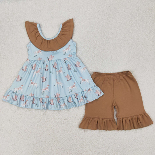 RTS NO MOQ ETA 5/7days Arrived GSSO2385 Duck Puppy Brown Lace Bow Blue Sleeveless Shorts Set