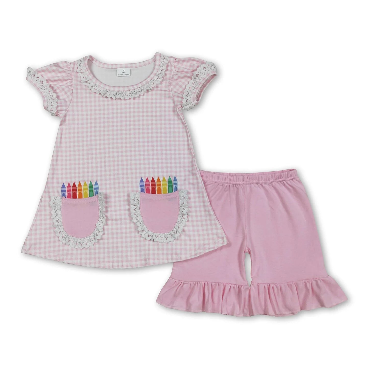 RTS NO MOQ Sibling milk silk Baby Girls Apple Pencil Print Back To School Two Piece Ruffle Outfit