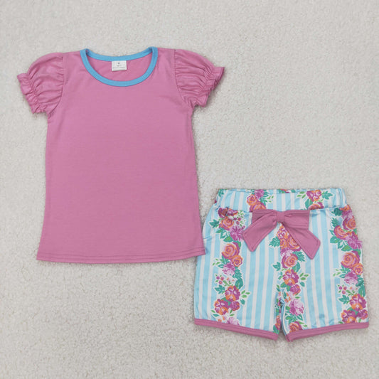 RTS NO MOQ GSSO2389 Pure rose red short-sleeved flower blue striped shorts suit