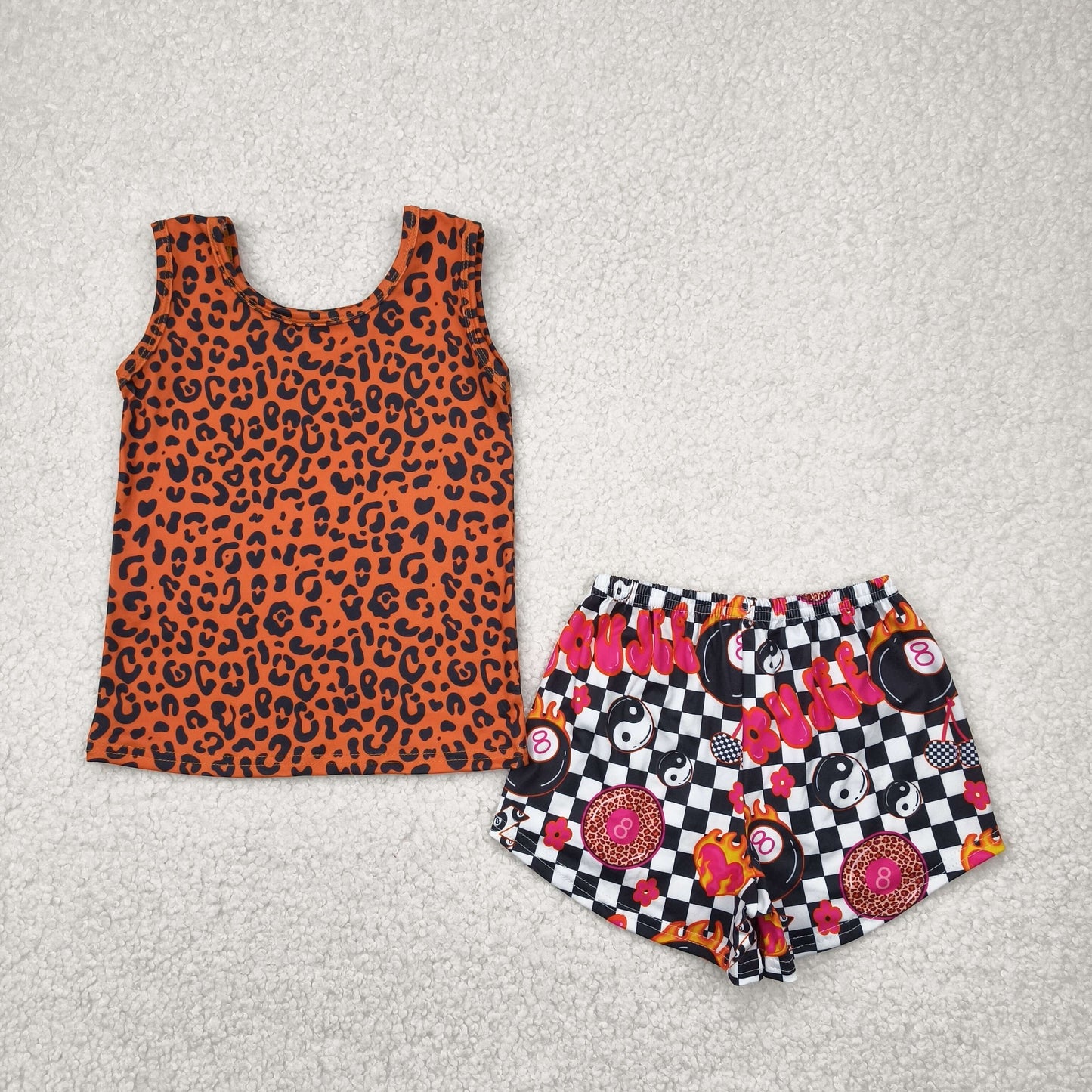 RTS NO MOQ GSSO2391 Leopard print brown vest gossip black and white checkered patchwork shorts set