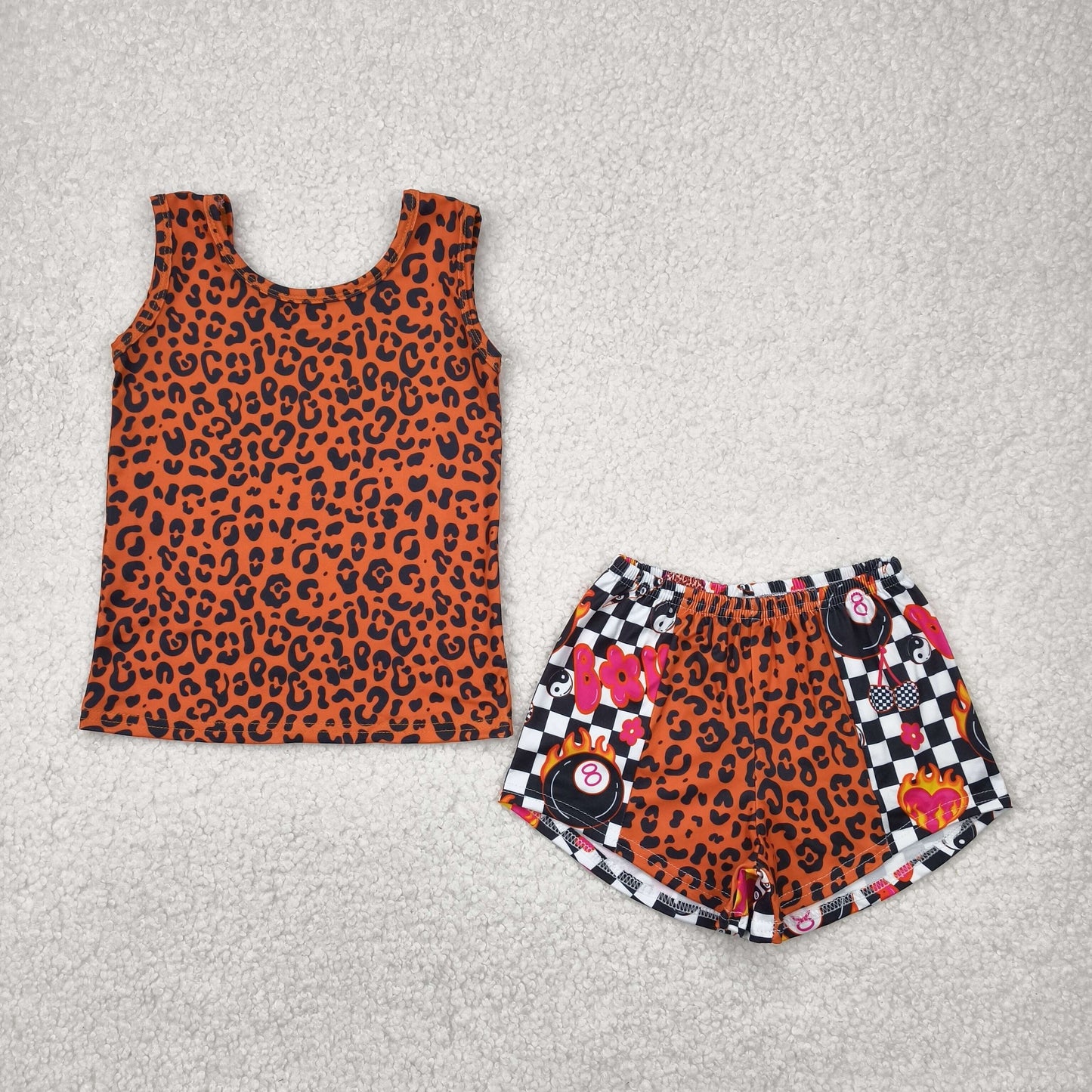 RTS NO MOQ GSSO2391 Leopard print brown vest gossip black and white checkered patchwork shorts set