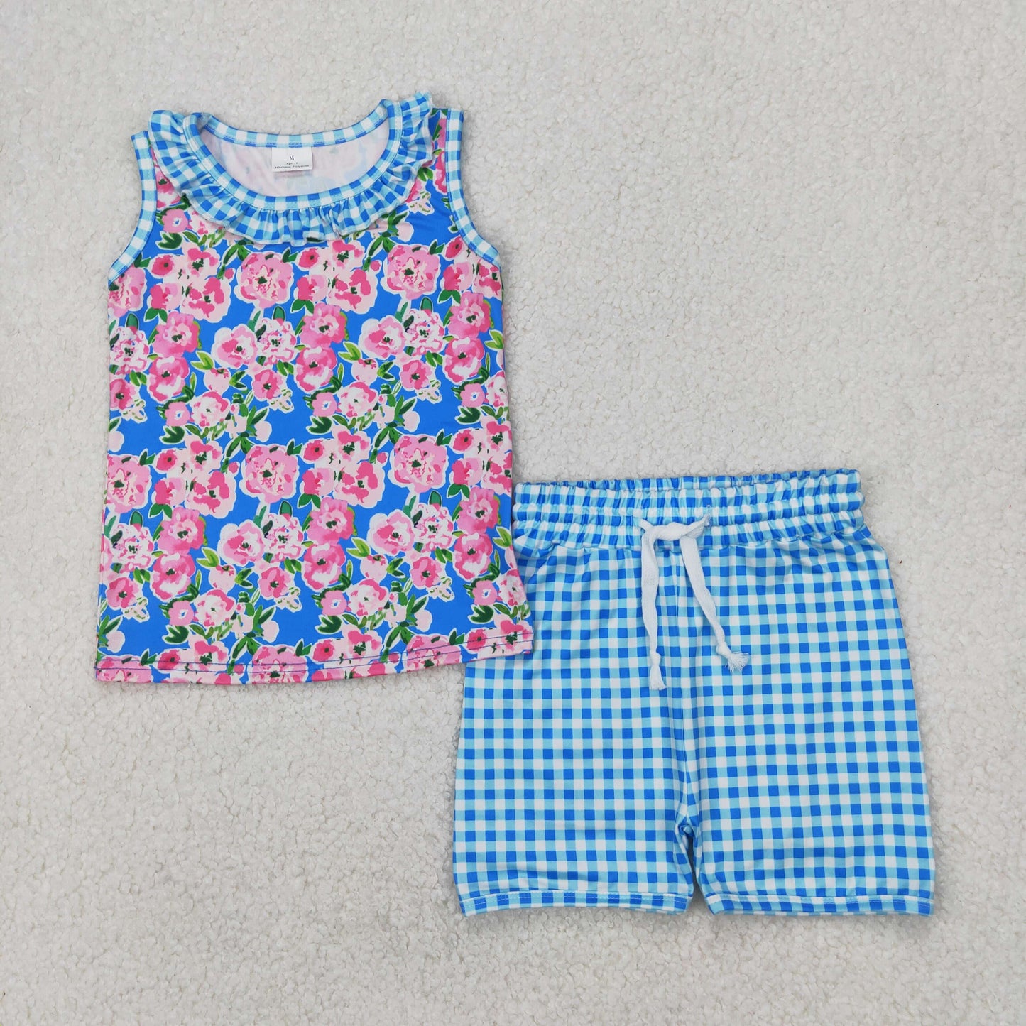 RTS NO MOQ ETA 5/7days Arrived GSSO2414 Flower leaf blue sleeveless plaid shorts set