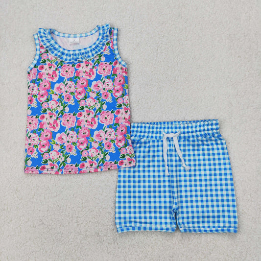RTS NO MOQ ETA 5/7days Arrived GSSO2414 Flower leaf blue sleeveless plaid shorts set