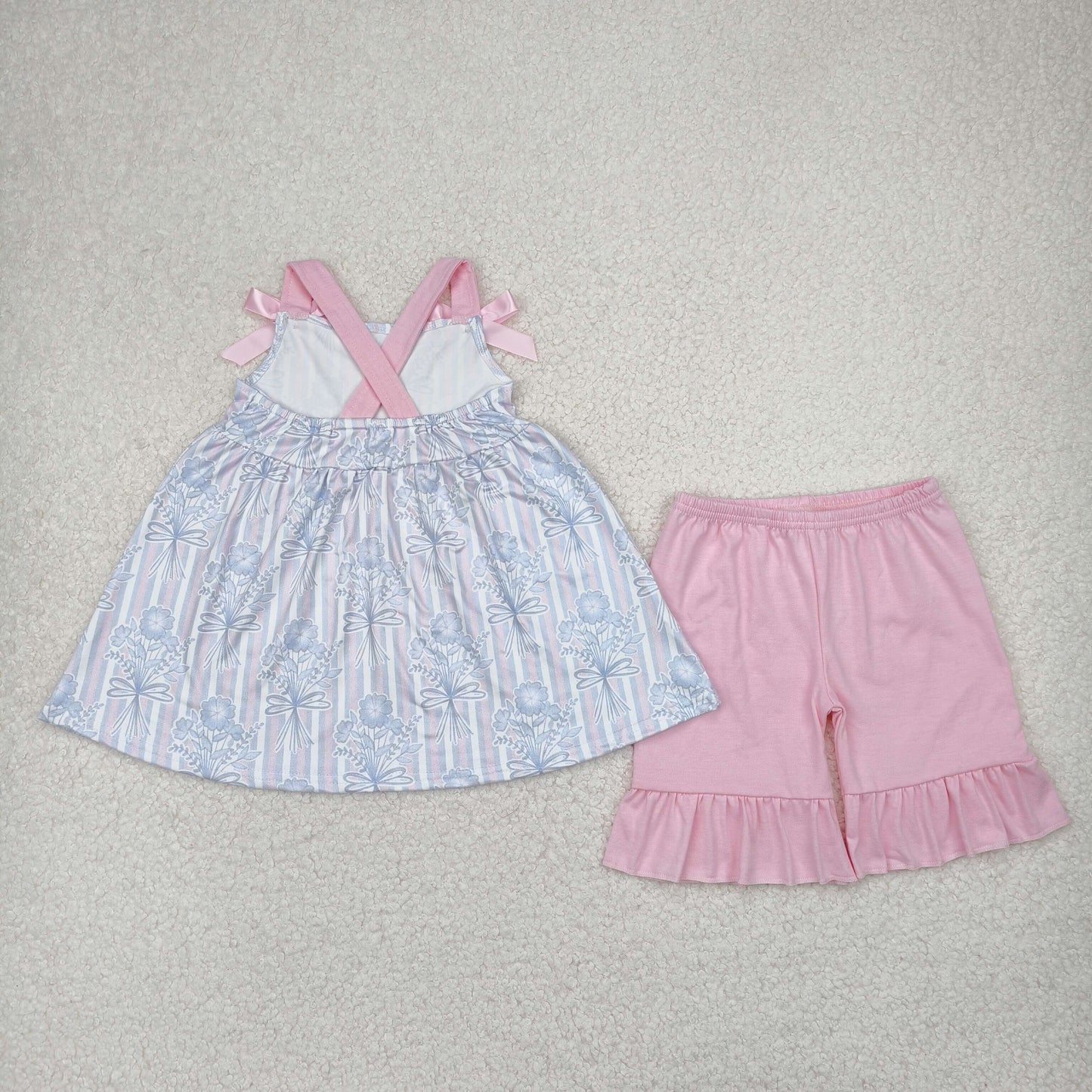 RTS NO MOQ GSSO2429 Flower bouquet pink blue striped lace bow sleeveless shorts set