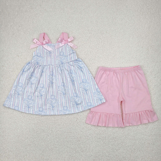 RTS NO MOQ GSSO2429 Flower bouquet pink blue striped lace bow sleeveless shorts set