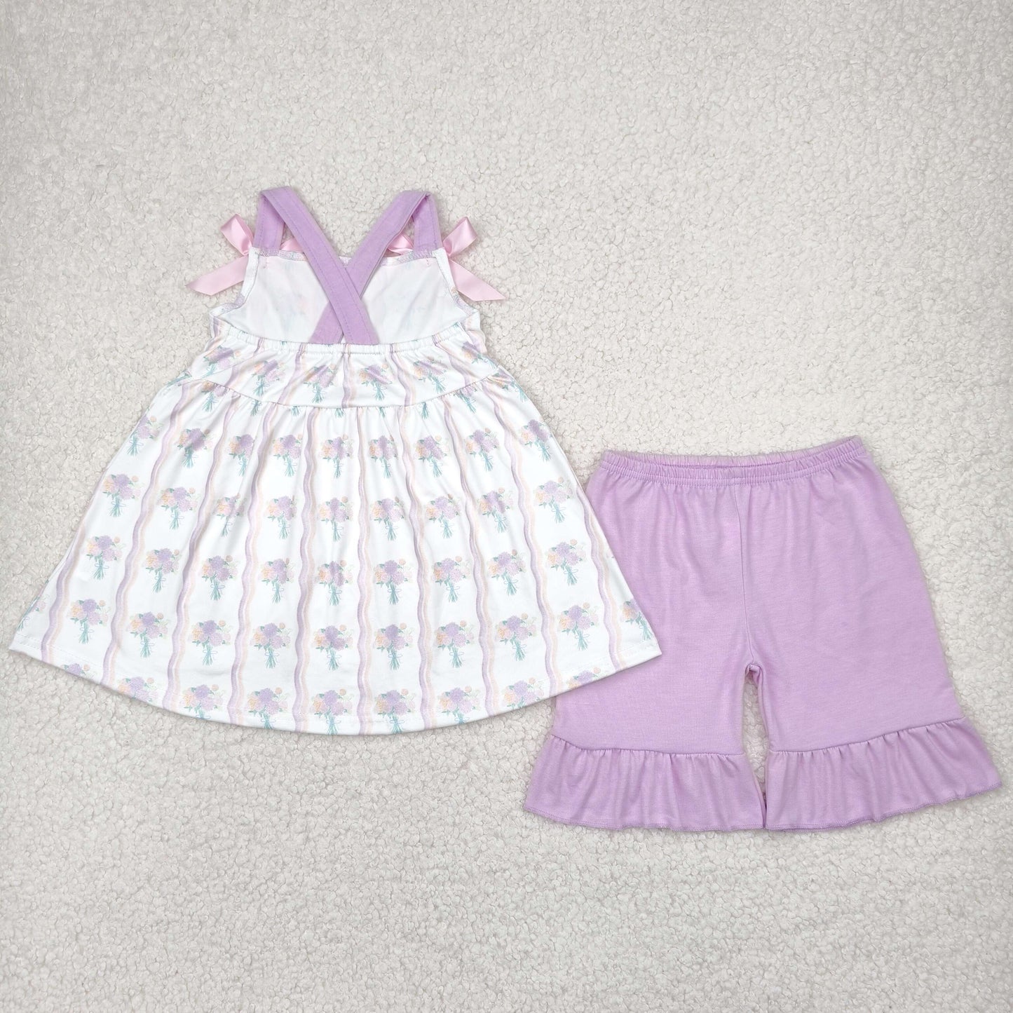 RTS NO MOQ GSSO2430 Flower bouquet pink orange wavy line striped sleeveless shorts set