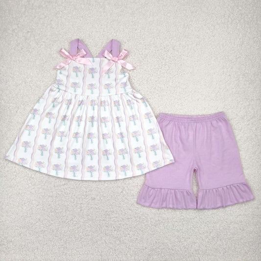 RTS NO MOQ GSSO2430 Flower bouquet pink orange wavy line striped sleeveless shorts set