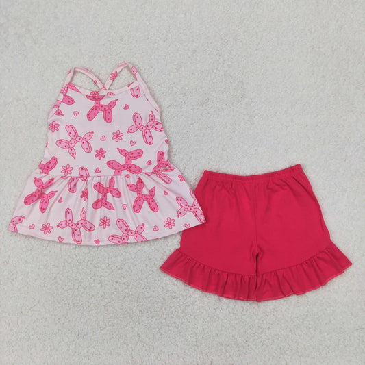 RTS NO MOQ GSSO2439 Balloon puppy heart sleeveless rose red shorts set