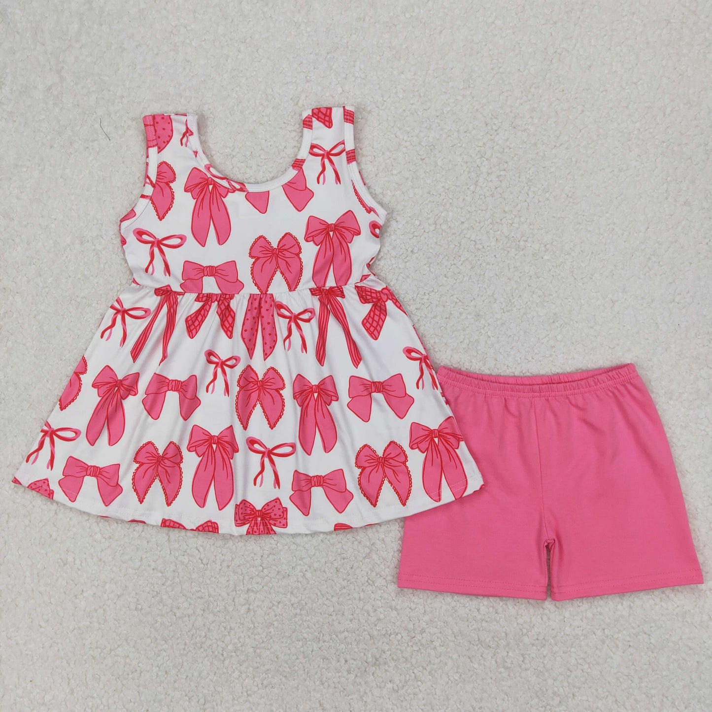 RTS NO MOQ GSSO2450 Beige sleeveless shorts set with pink bow pattern