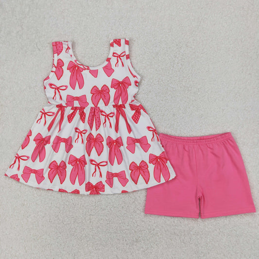 RTS NO MOQ GSSO2450 Beige sleeveless shorts set with pink bow pattern