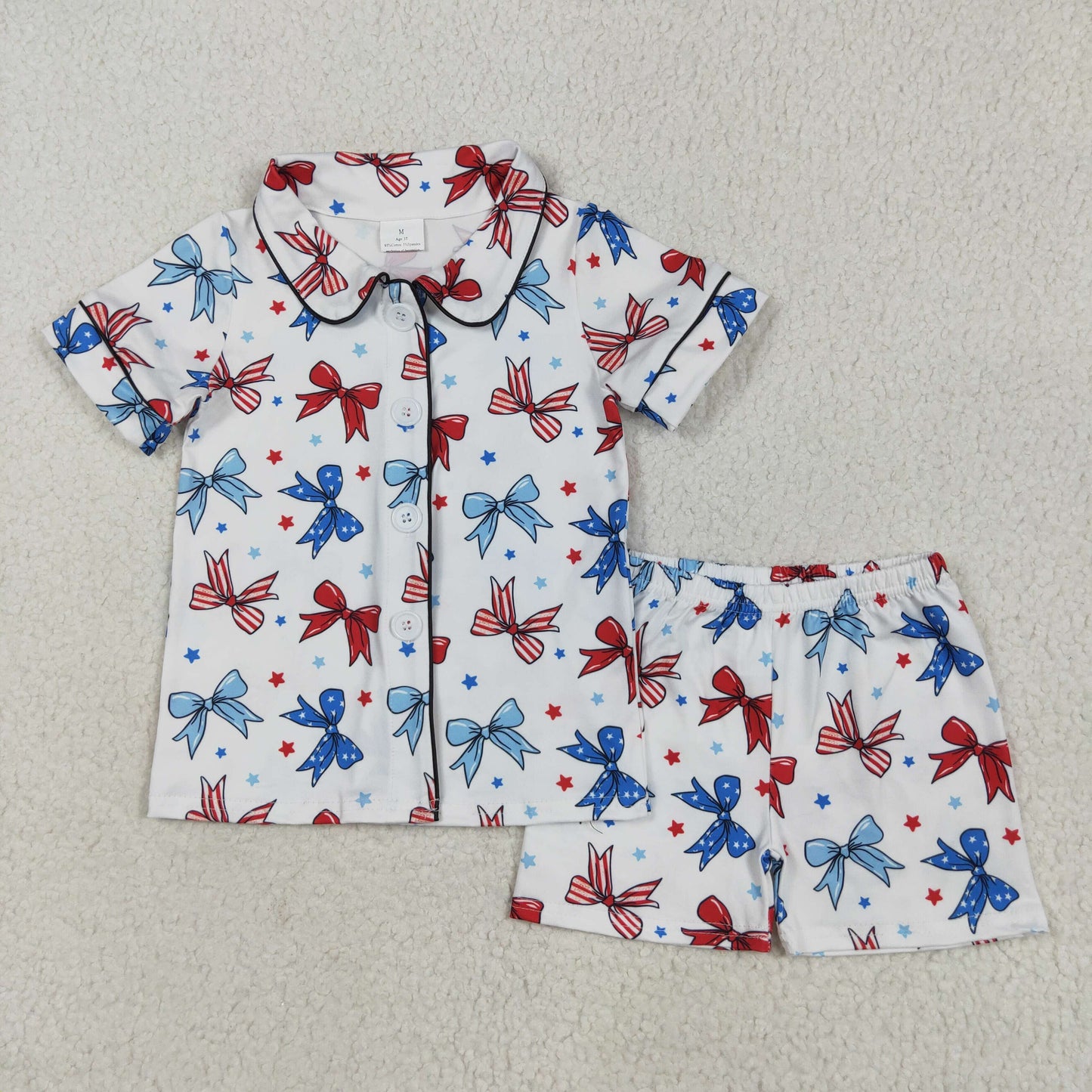 RTS NO MOQ GSSO2484 National Day bow pattern star white short-sleeved shorts pajama set