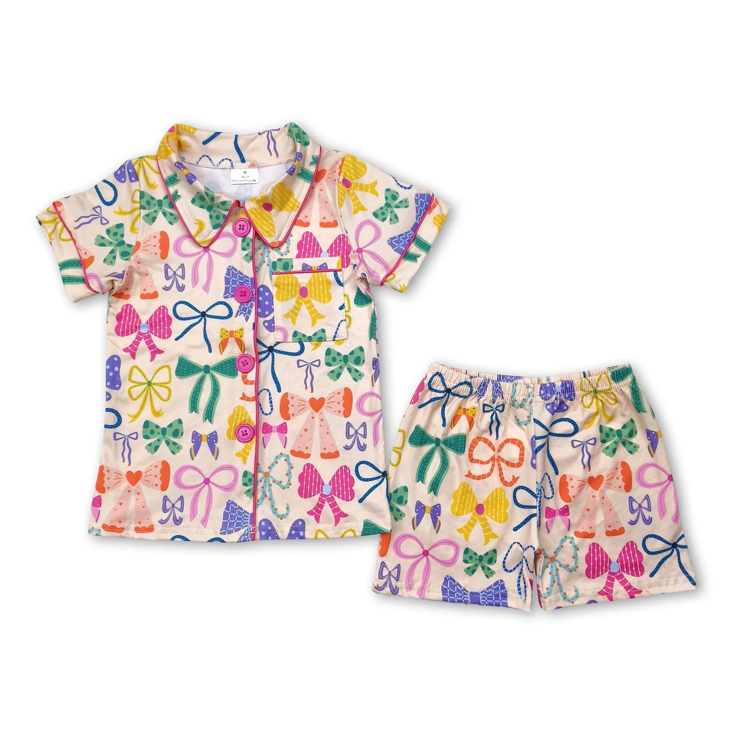 RTS NO MOQ Sibling milk silk Baby Girls Colorful Bow Button Pocket Short Pajama Set