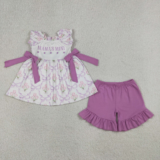 RTS NO MOQ GSSO2489  Baby Girls Mama's Mini Outfit with Bows Flowers Checked Tunic Ruffle Short Clothes Set