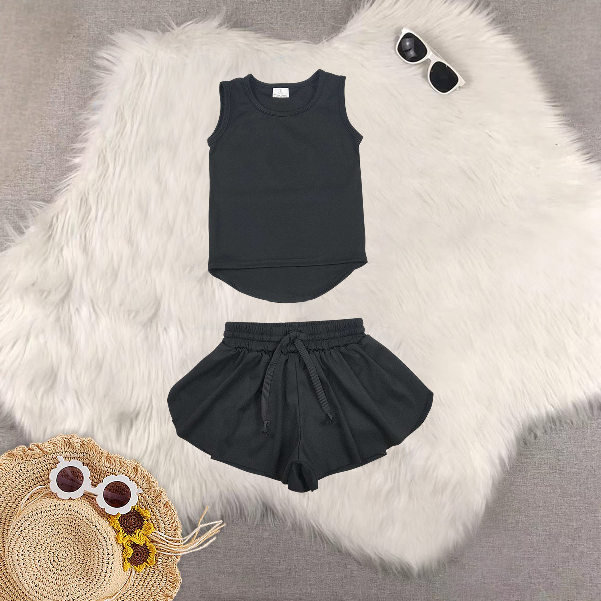 RTS NO MOQ Sibling baby girl clothes black sleeveless skirt yoga set and yoga dresses