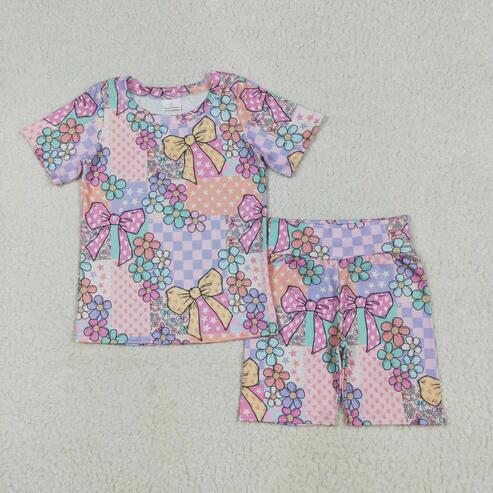 RTS NO MOQ Sibling Baby Girls Summer Clothes Set Short Sleeve Colorful Flowers Top with Shorts Cute Infant Outfit