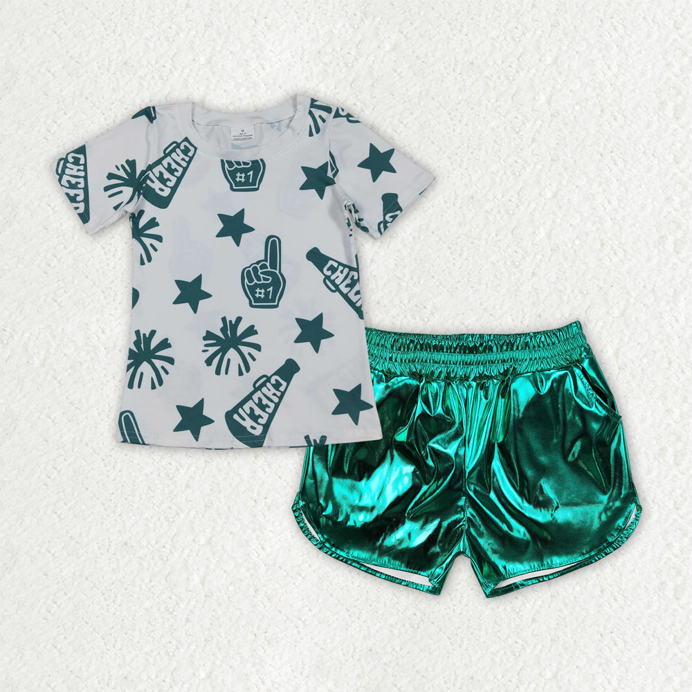 RTS NO MOQ GT0955+SS0410 cheer fireworks star white short-sleeved top shiny leather green shorts sets