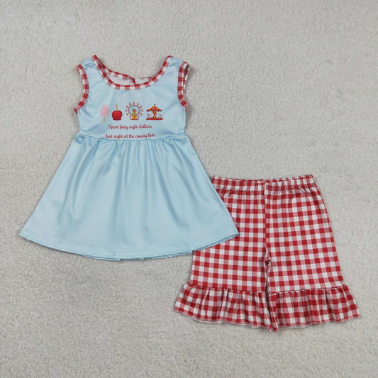 RTS NO MOQ GSSO2544 Baby Girls Red Checked Sleeveless Tunic with Ruffle Short Clothes Set Cute Baby Outfit for Girls