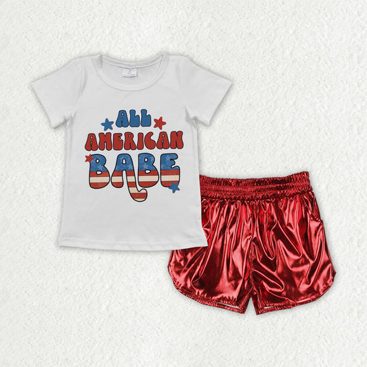 RTS NO MOQ GT0179+SS0415 Girls National Day BABE white short-sleeved top red leather shorts