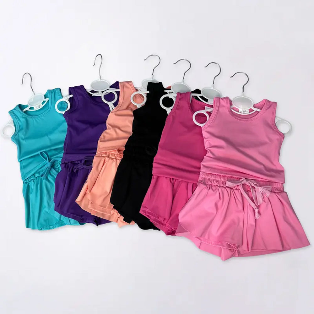 RTS NO MOQ Sibling baby girls clothes yoga solid color short sleeve Clothes Sets
