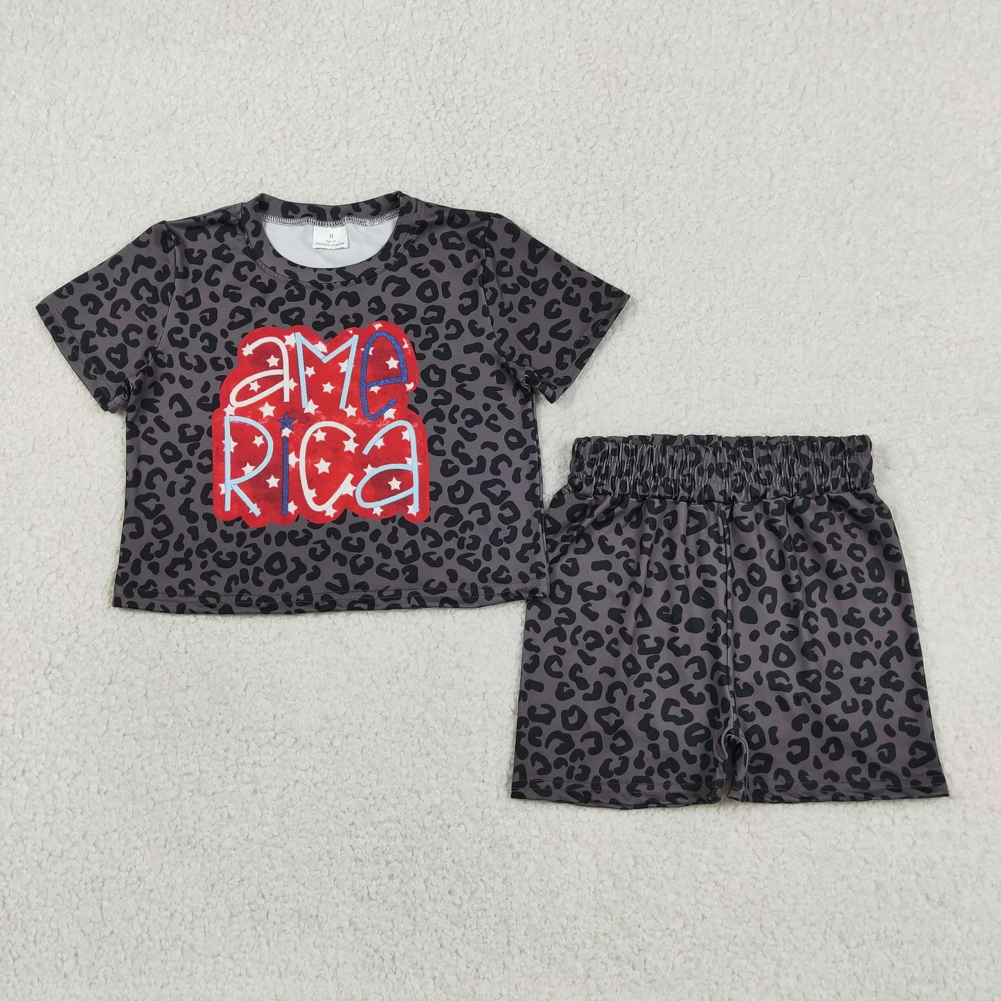 RTS NO MOQ GSSO2576 Baby Girls 4th Of July Summer Black Leopard American Star Slouchy Daily Wear Set