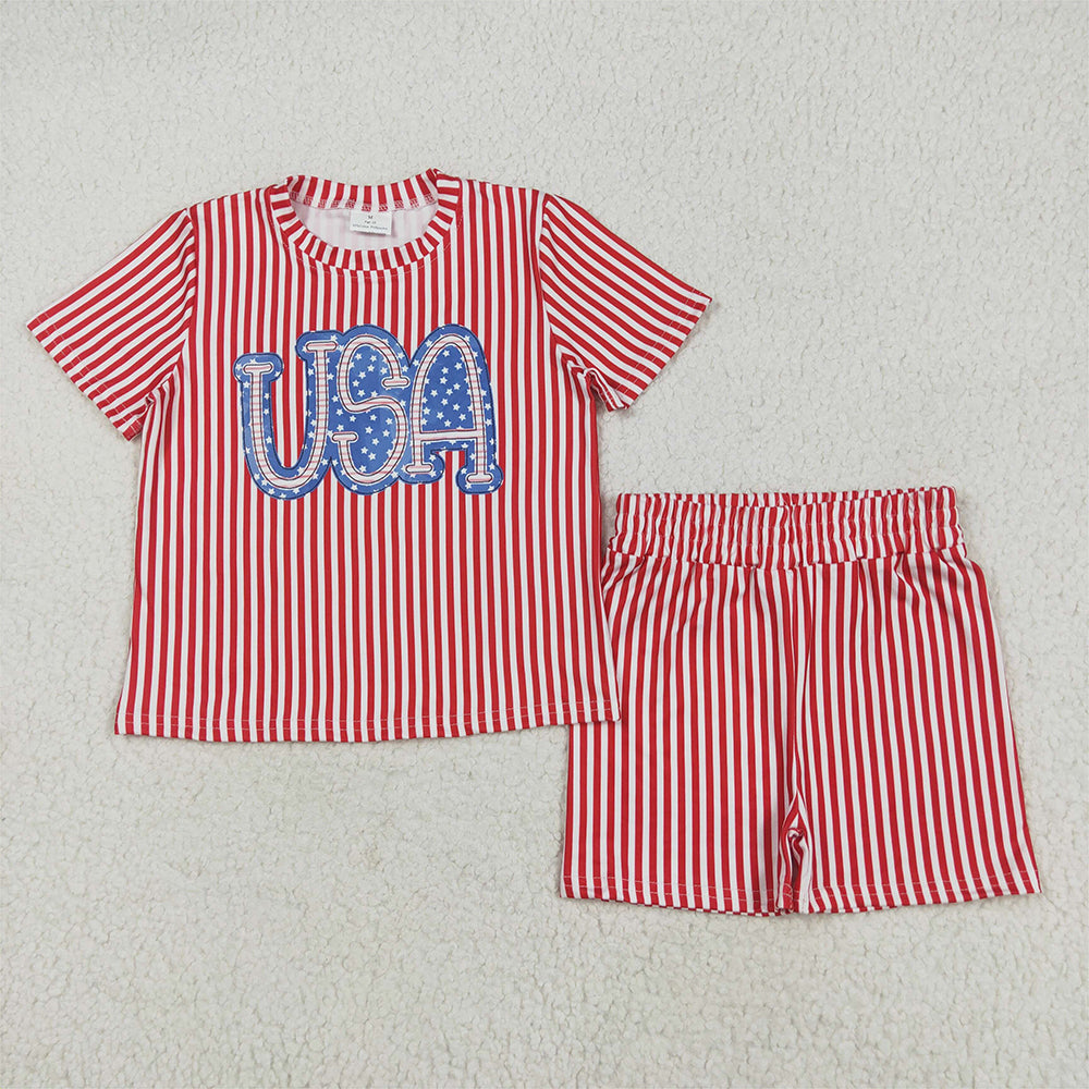 RTS NO MOQ Sibling Baby Girls 4th Of July Red Stripe USA Casual Pajamas Set
