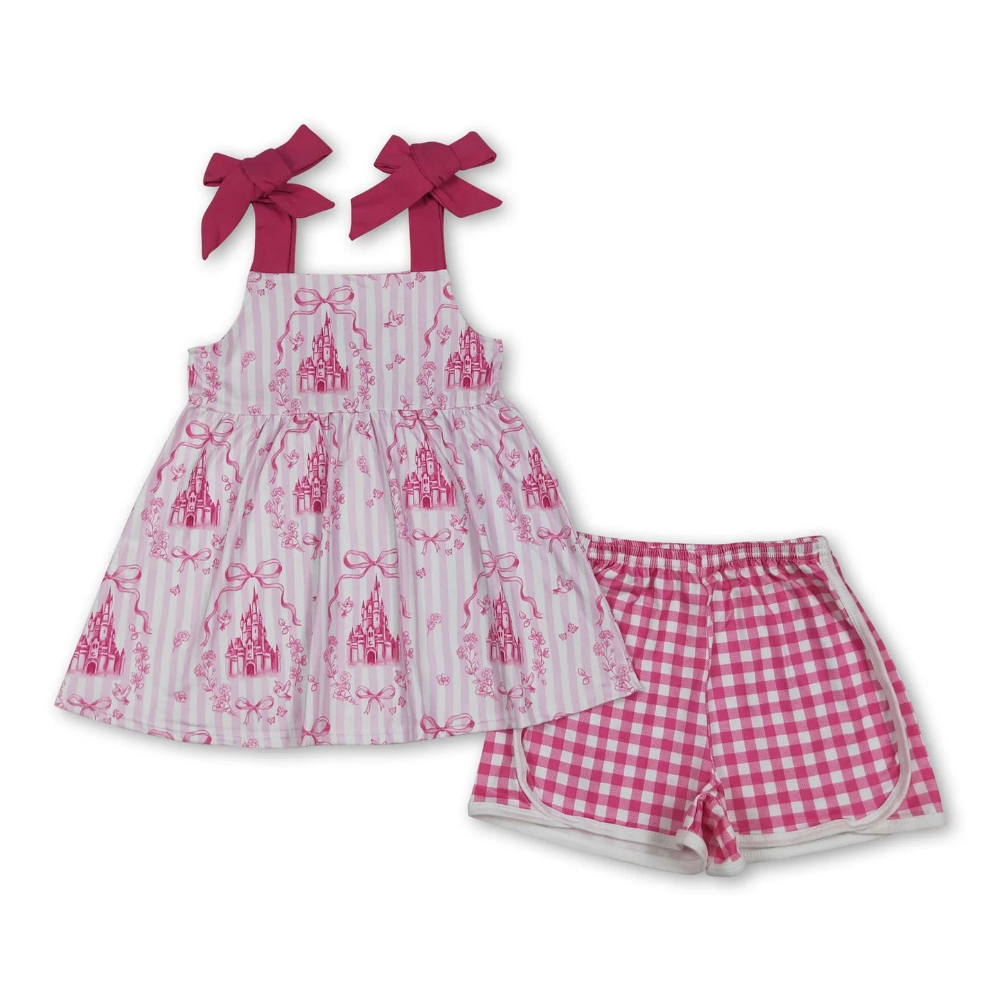 RTS NO MOQ Sibling milk silk Baby Girls Cute Pink Striped Bow Tunic Pants Set Dress Rompers Casual Clothes