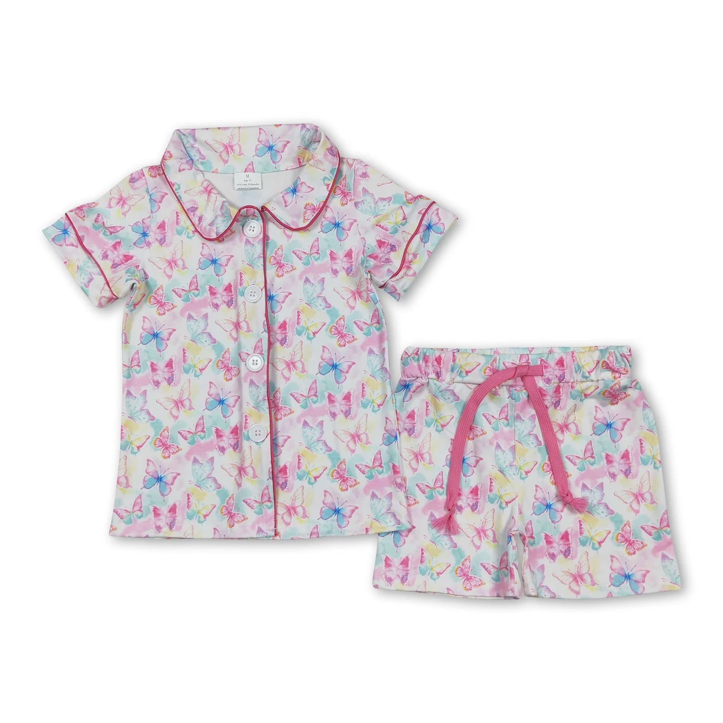 RTS NO MOQ Sibling milk silk Baby Girls Colorful Bow Button Pocket Short Pajama Set