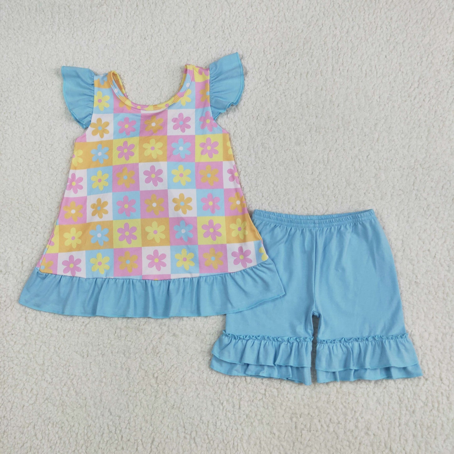 RTS NO MOQ GSSO2623 Floral color plaid blue bow lace flying sleeve shorts set