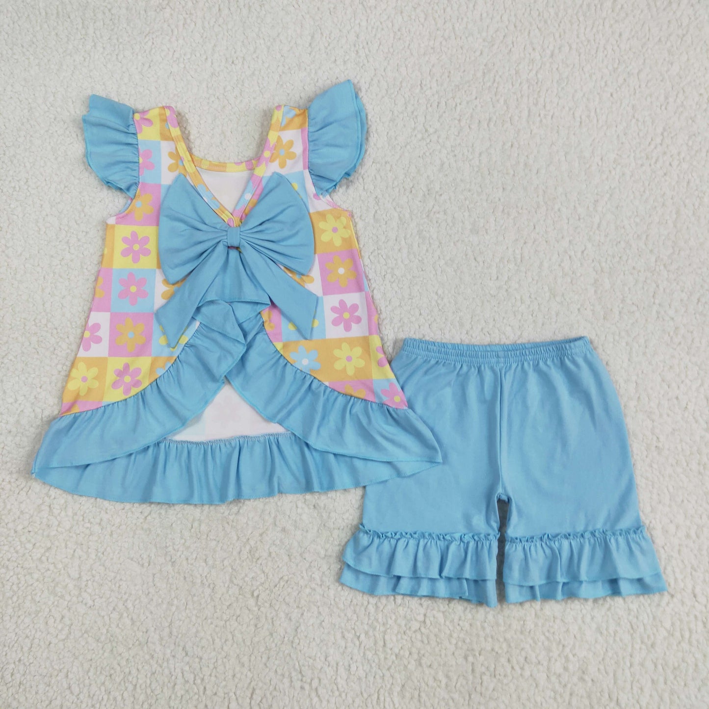 RTS NO MOQ GSSO2623 Floral color plaid blue bow lace flying sleeve shorts set