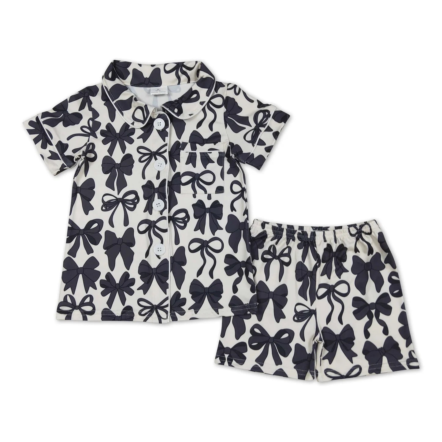 RTS NO MOQ Sibling milk silk Baby Girls Colorful Bow Button Pocket Short Pajama Set