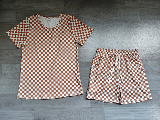 (Sample) No moq milk silk GSSO2680 Adult Women Khaki Plaid Print Short Sleeve Button Front Top Shorts Pajama Set
