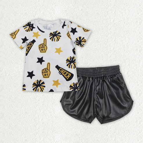 RTS NO MOQ Baby Girls Yellow Team Cheer Top with Black Leather Shorts Outfit Set for Toddlers Girls
