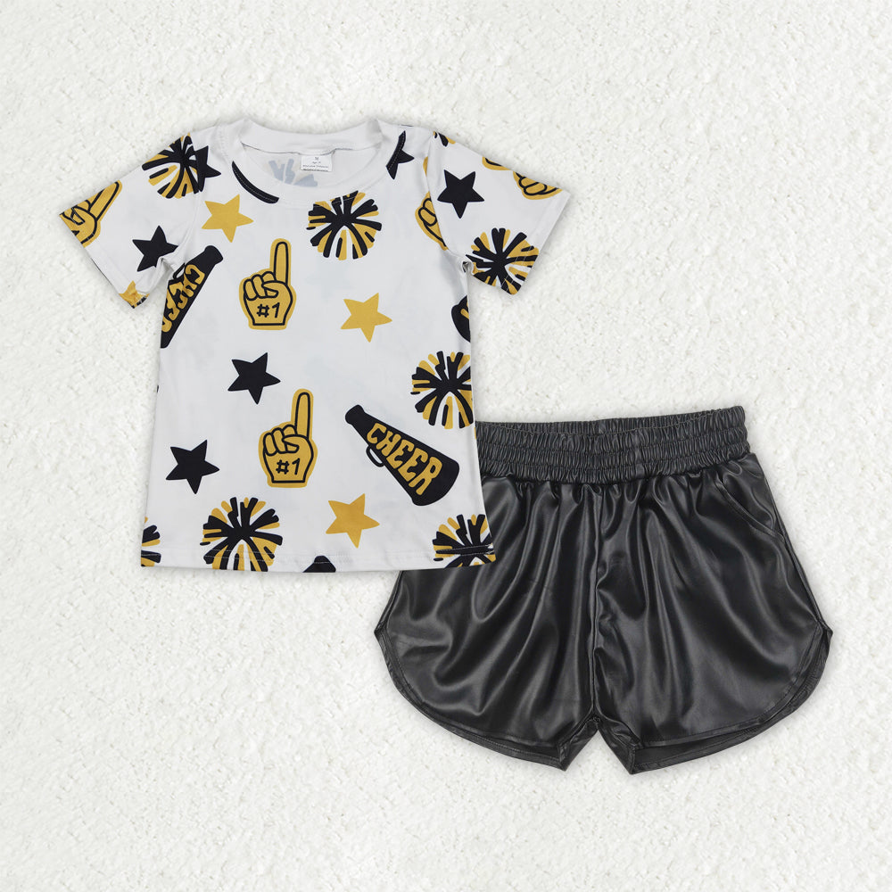 RTS NO MOQ GT0939+SS0413 cheer black gold fireworks star white short-sleeved top shiny leather black shorts sets