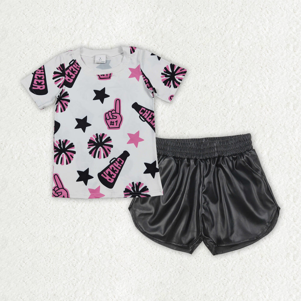 RTS NO MOQ Sibling baby girls clothes cheer short sleeve shorts sets and Top and shorts