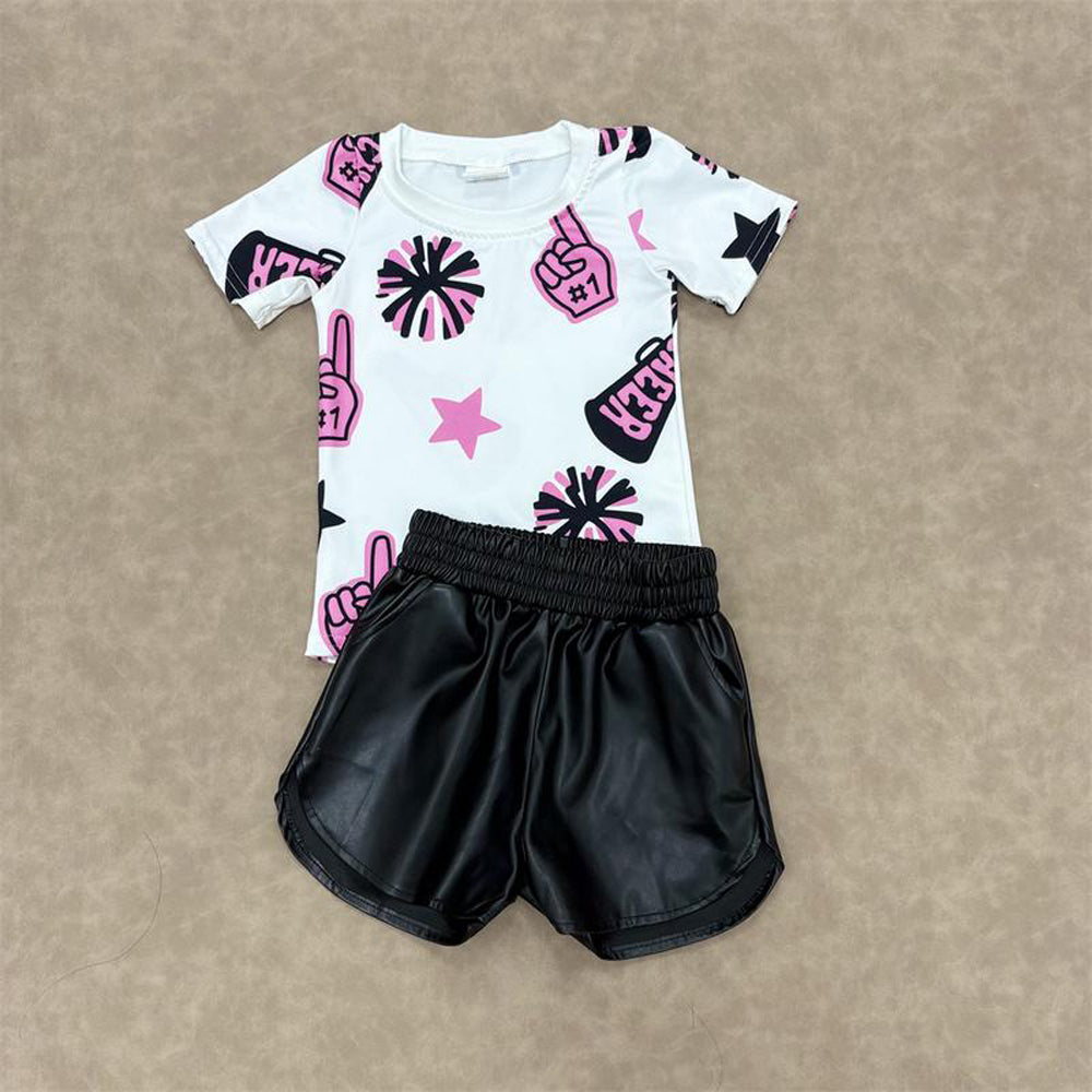 RTS NO MOQ GT0994+SS0413 cheer pink black fireworks star white short-sleeved top shiny leather black shorts sets