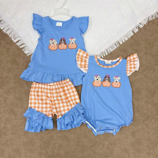 RTS NO MOQ Sibling Baby girls clothes embroidery halloween pumpkin short sleeve shorts suits and romper