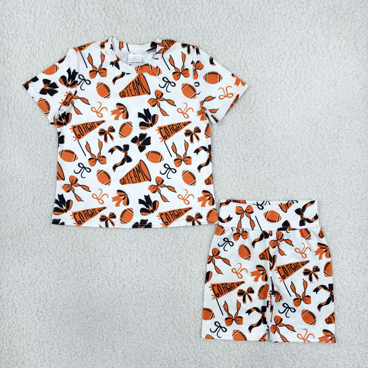 NEW RTS NO MOQ milk silk GSSO2724 Baby Girls Black Orange Bows Footballs Team Short Sleeve Top Shorts Pajamas Sets