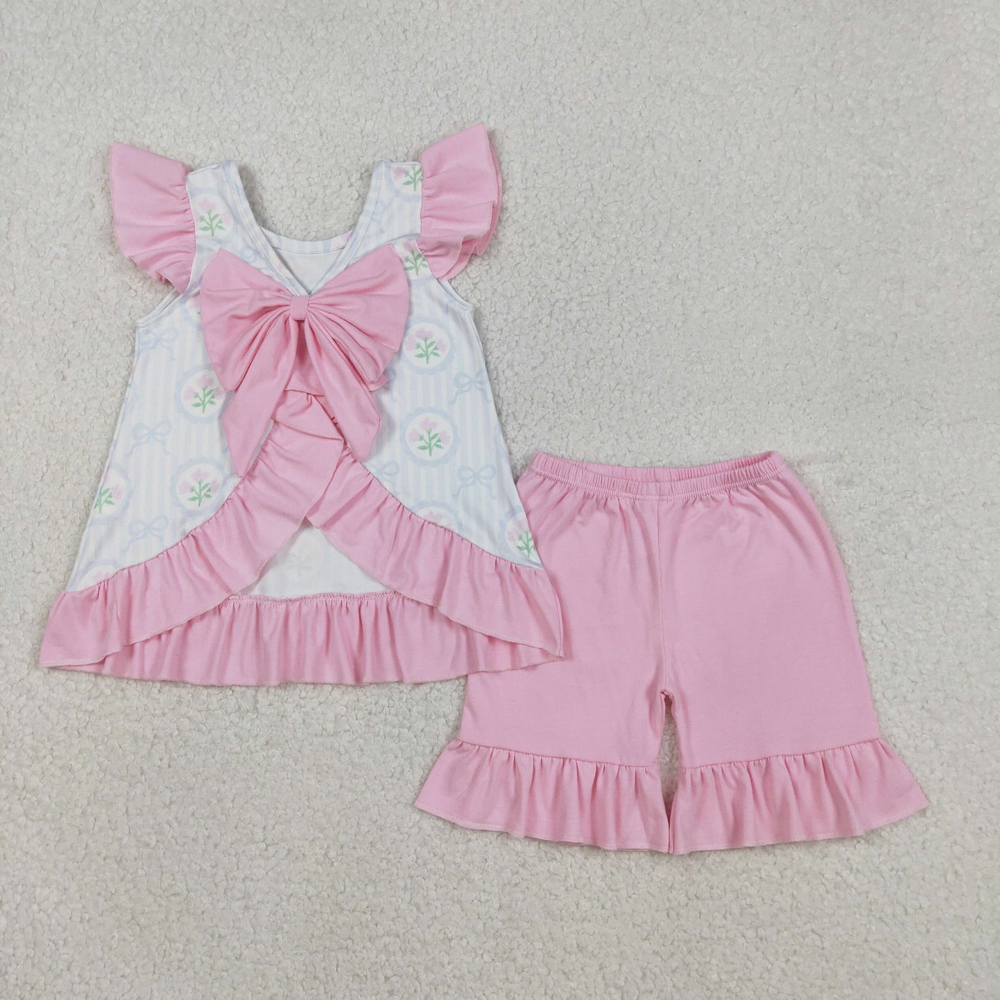 RTS Sibling baby girl clothes floral plaid Short Sleeve Shorts sets