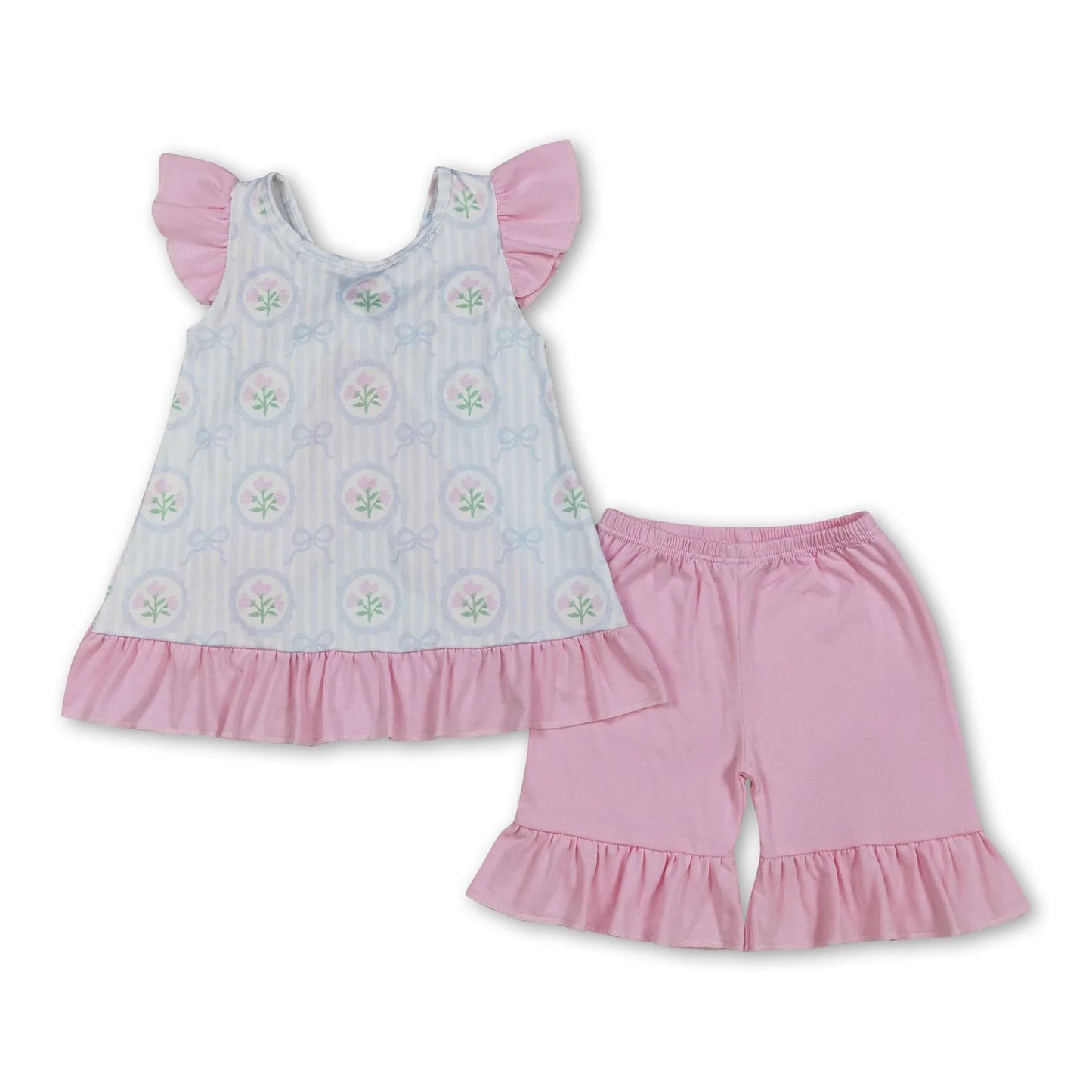 RTS NO MOQ Sibling milk silk Baby Girl Flowers Tunic Ruffle Shorts Clothes Sets Ruffle Rompers