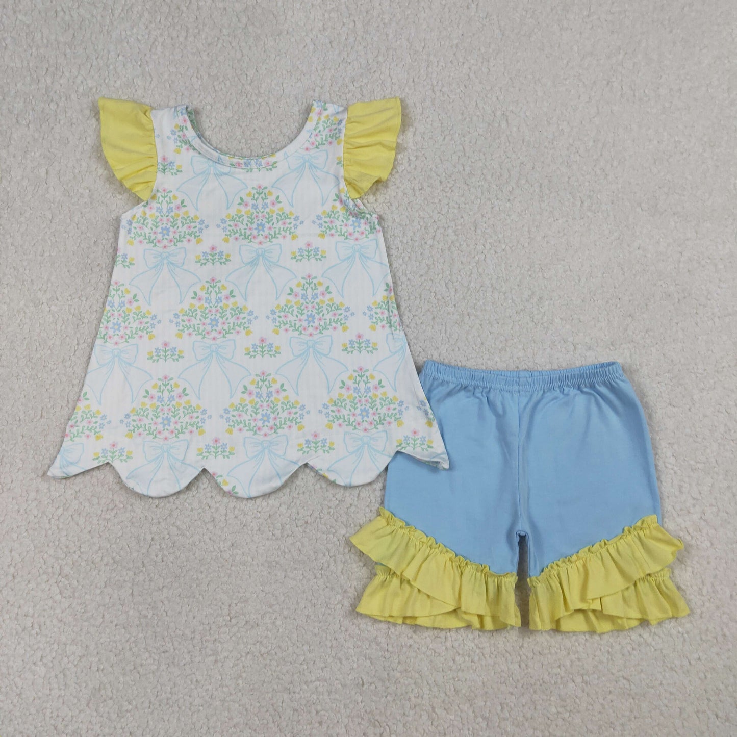 RTS NO MOQ GSSO2767 Baby Girls Bow Flowers Checked Scallop Tunic Ruffle Shorts Outfit Set Cute Clothing