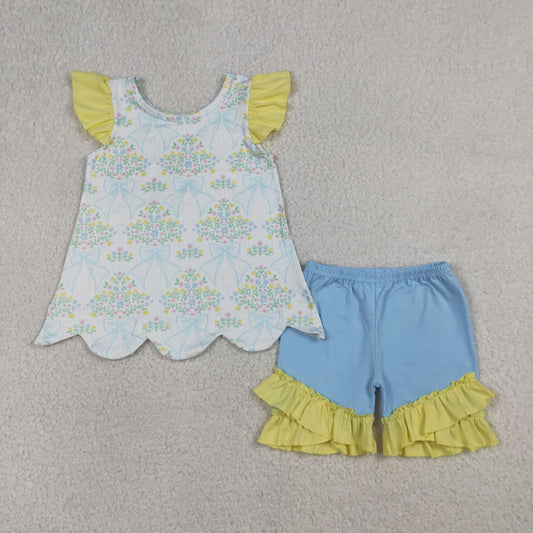 RTS NO MOQ GSSO2767 Baby Girls Bow Flowers Checked Scallop Tunic Ruffle Shorts Outfit Set Cute Clothing