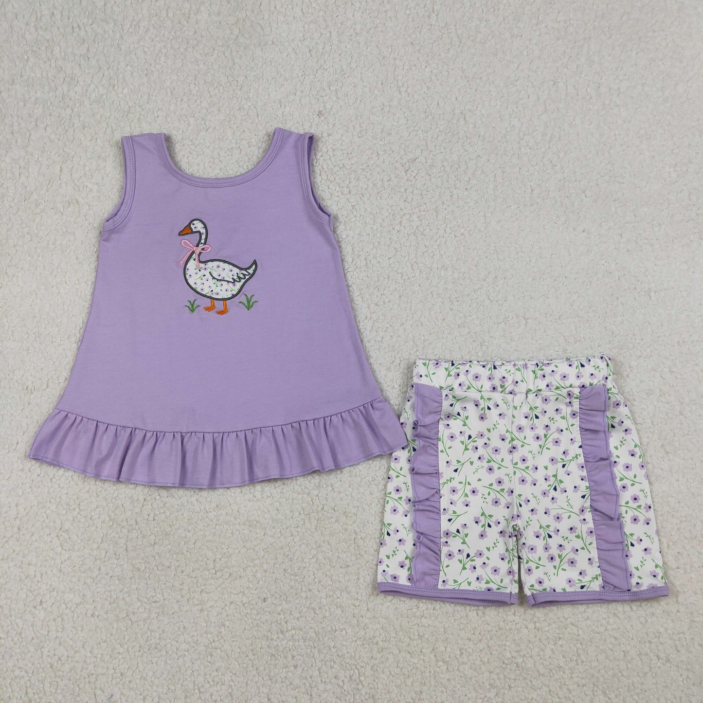 RTS NO MOQ Sibling Embroidery Floral Goose Baby Girls Sleeveless Tunic Bummies Set Tunic Ruffle Shorts Set Dresses