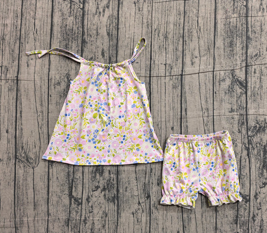 (Sample) No moq GSSO2778 Baby Girls Pink Strap Floral Tunic Ruffle Shorts Outfit Set Cute Baby Girl Clothing Set