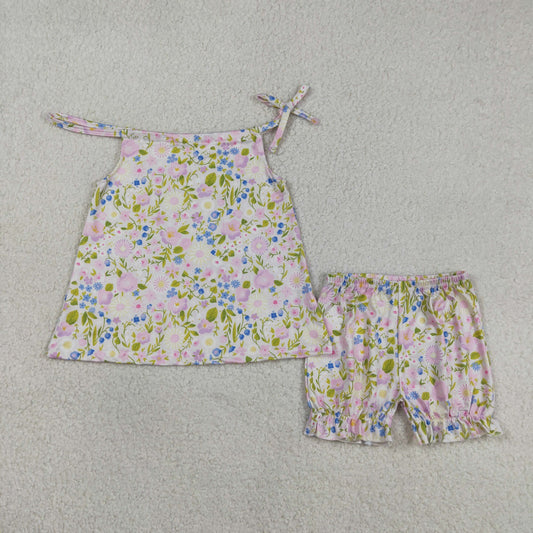 RTS NO MOQ GSSO2778 Baby Girls Pink Strap Floral Tunic Ruffle Shorts Outfit Set Cute Baby Girl Clothing Set