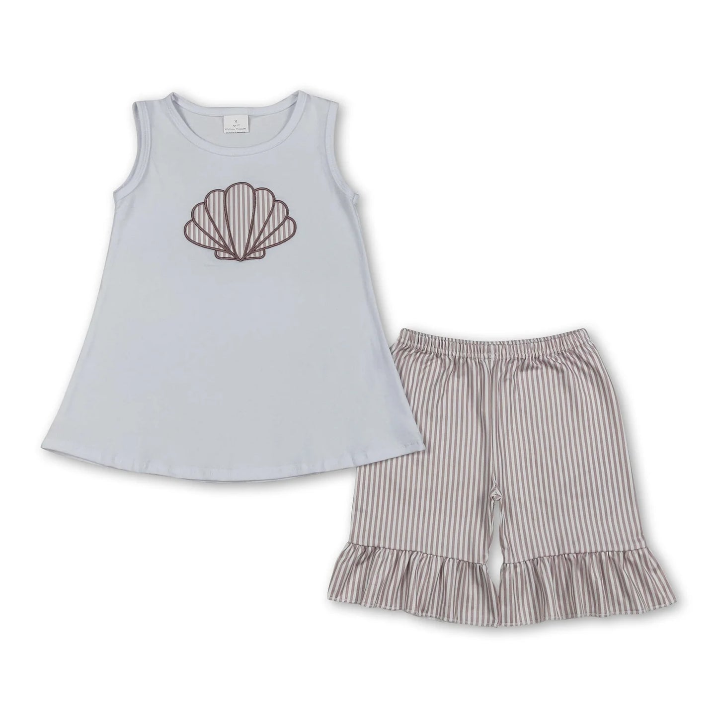 RTS NO MOQ Sibling milk silk Baby Girl Boys Embroidery Shell Stripe Top Shorts Two Piece Set Rompers