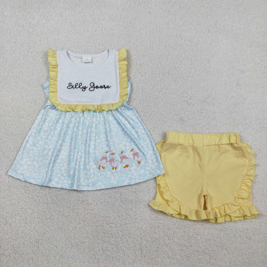 RTS NO MOQ GSSO2796  Embroidery Silly Gooses Baby Girls Floral Tunic Ruffle Shorts Outfit Set Cute Girl's Clothing