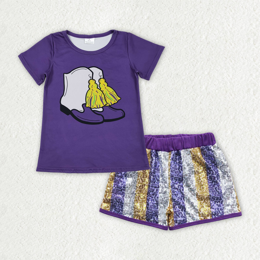 RTS NO MOQ（In Stock) GSSO2806 mardi gras boots short-sleeved top sequined shorts set-GT1254+SS0115
