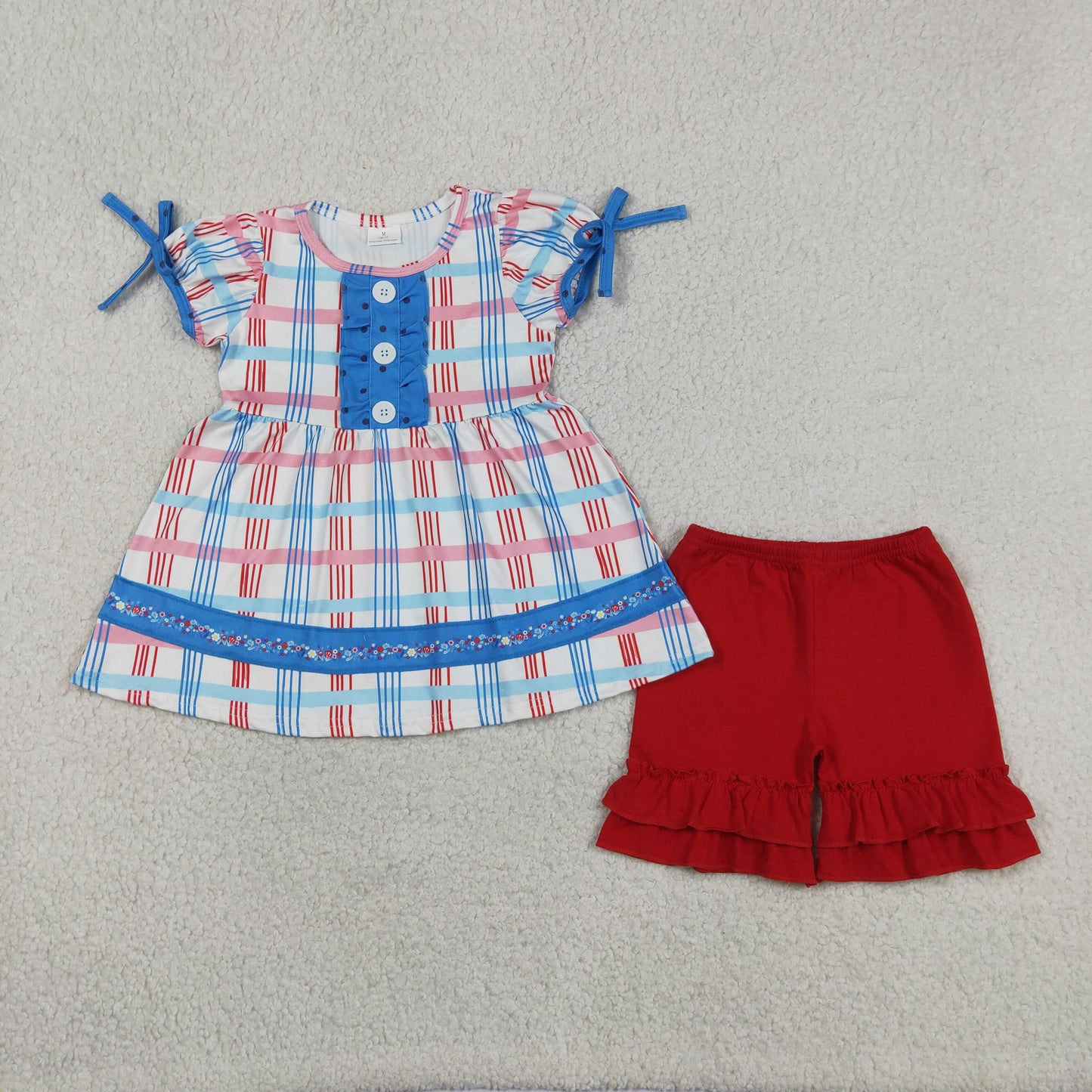 RTS NO MOQ milk silk GSSO2815 Baby Girls July 4th Holiday Red Blue Checked Tunic Ruffle Shorts Set